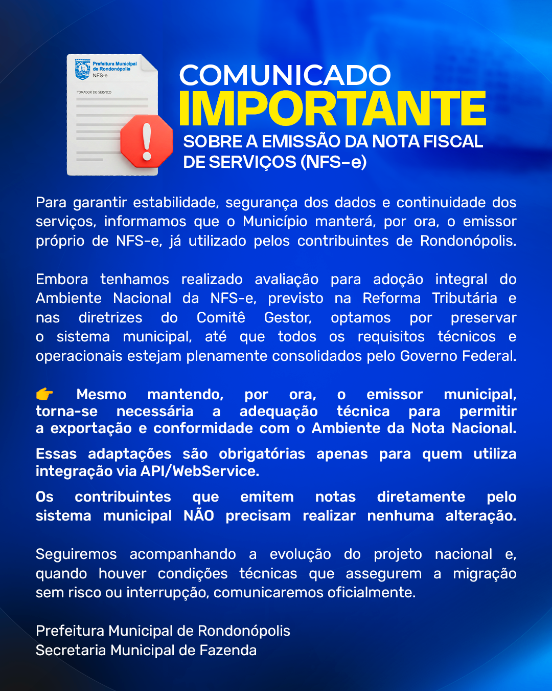 Comunicado EMISSÃO DA NOTA FISCAL DE SERVIÇOS (NFS-e)